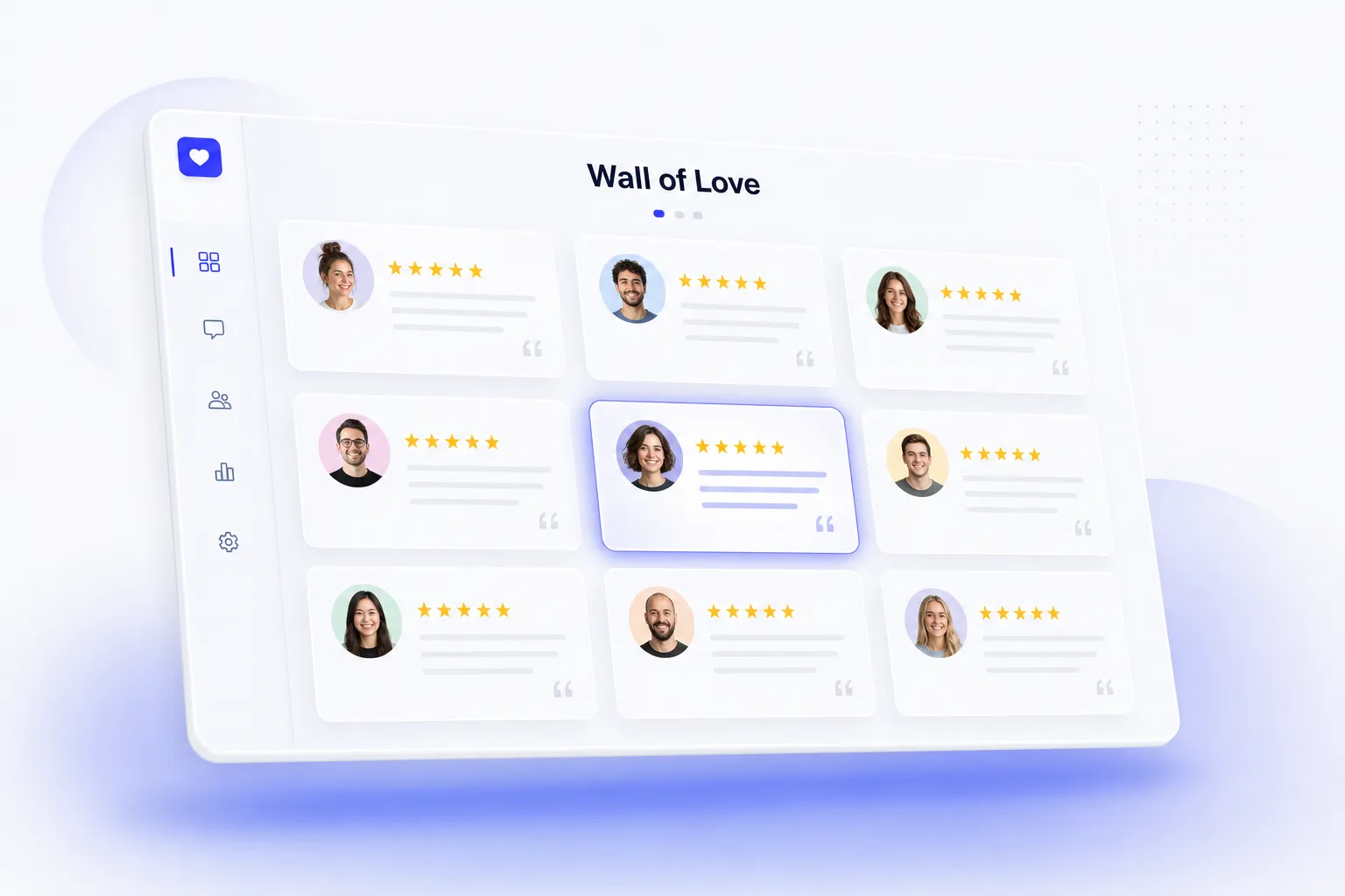 TrustFuel Wall of Love dashboard with testimonial cards and five-star ratings