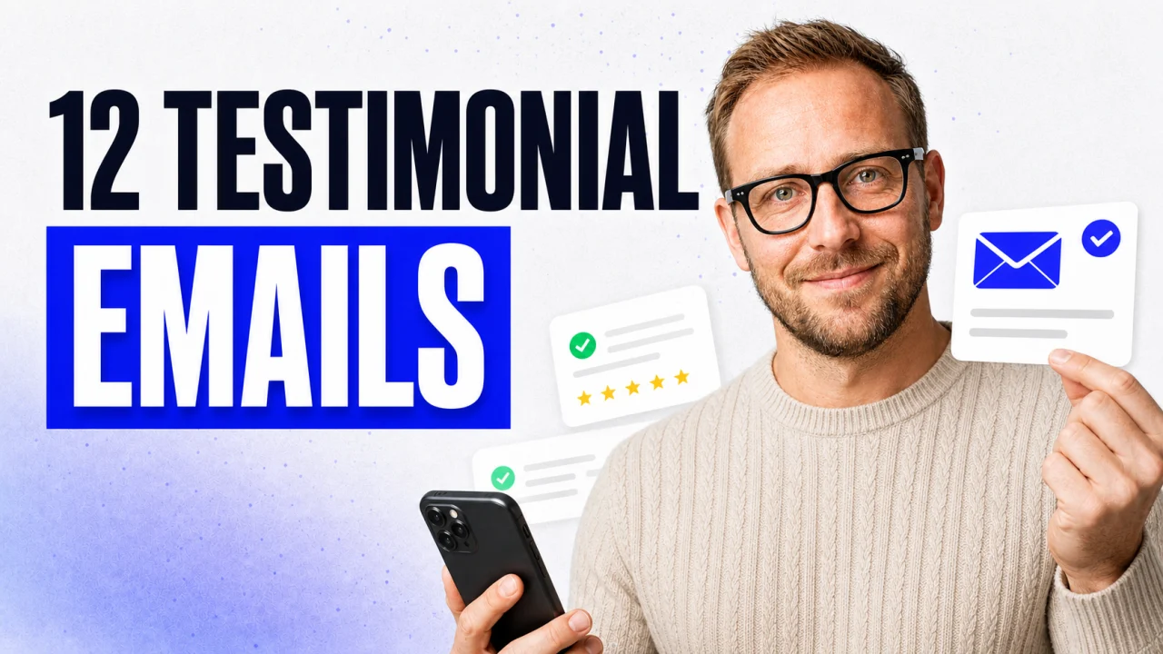 Twelve testimonial email templates with Lukas König holding a phone and email card