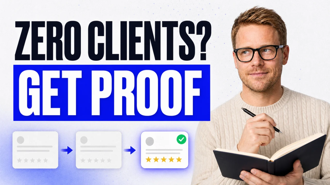 Zero clients and credible proof with Benjamin König planning testimonials in a notebook