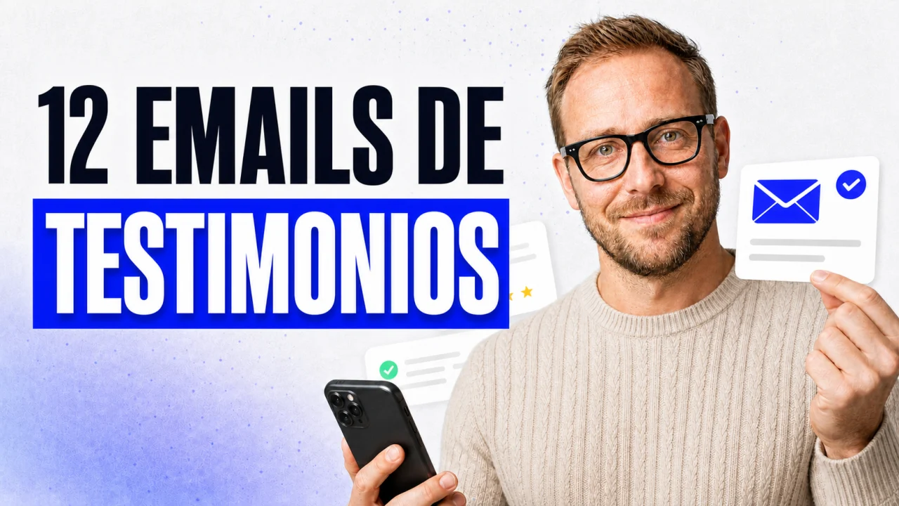 Doce emails para testimonios con Lukas König sosteniendo un móvil y una tarjeta de correo